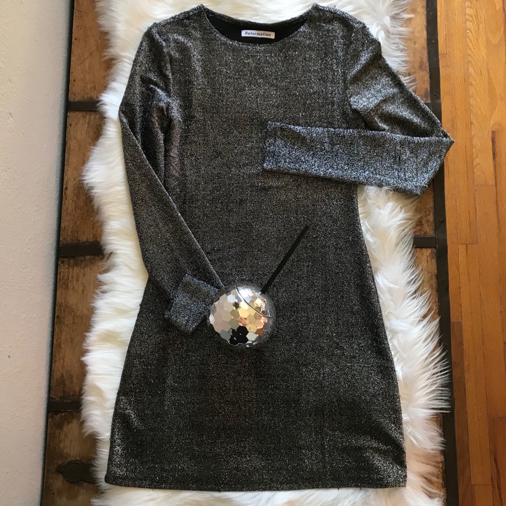 REFORMATION silver glitter party dress